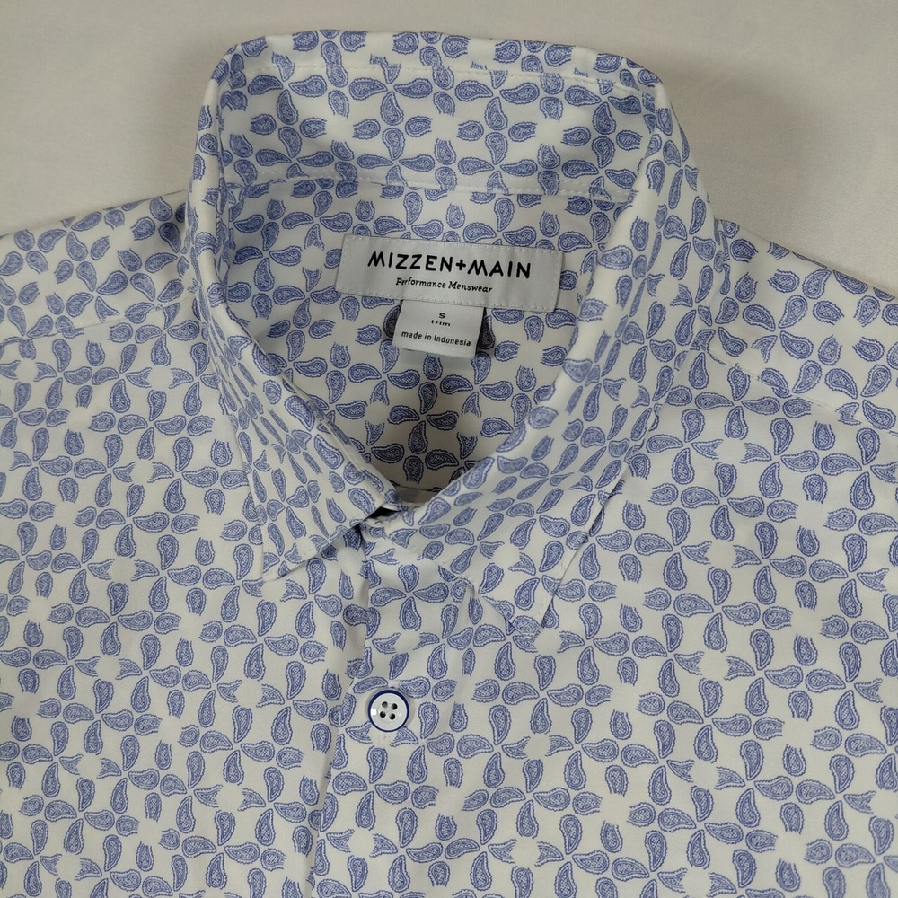 Mizzen Main Mens Small Trim Fit Performance Short Sleeve Shirt Blue Paisley S